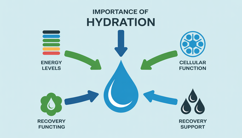 Infographic showing icons for energy, cellular function, and recovery around a central water droplet, in calming blues and greens.