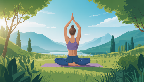 A person practicing yoga in a tranquil outdoor setting with greenery and blue sky, highlighting relaxation and muscle recovery.