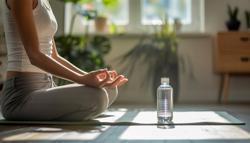 A person meditating indoors with a bottle of water, sunlight streaming through a window, creating a tranquil and focused atmosphere.