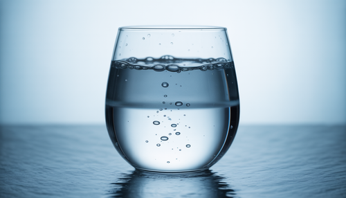 A glass of superoxygenated water with bubbles against a clean background.