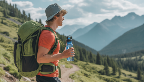 A hiker on a mountain trail with a backpack and water bottle, representing hydration for outdoor enthusiasts.