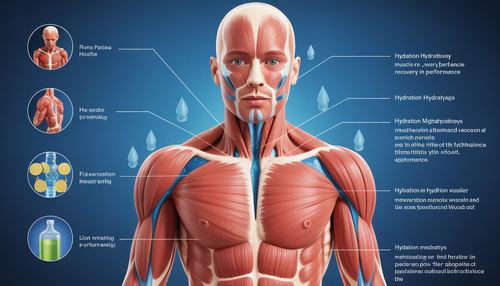 Illustration of the human body highlighting muscles and hydration pathways, showcasing hydration's role in recovery.