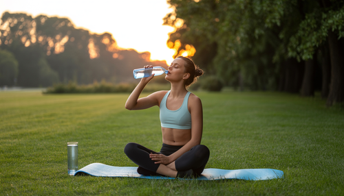 Person sitting on a yoga mat in a park drinking INHALE Superoxygenated Water at sunset.