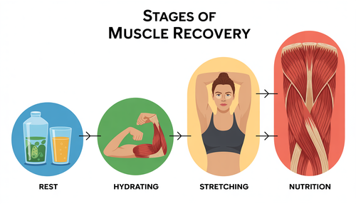Infographic showing muscle recovery stages with icons for rest, hydration, stretching, and nutrition.