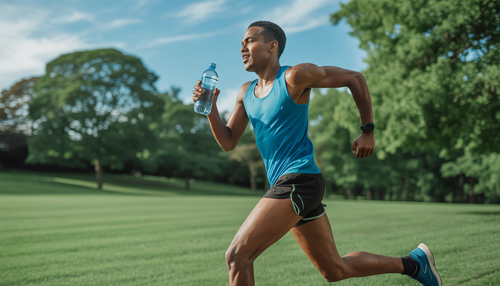 An athlete running energetically in a green park, holding a water bottle, with a clear blue sky in the background, illustrating strength and hydration.