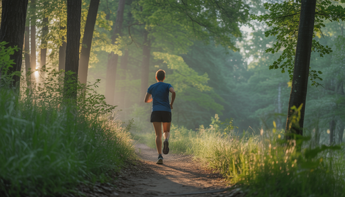 A person jogging on a forest trail with sunlight streaming through trees, representing natural cardiovascular endurance.