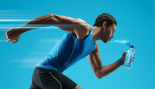 An athlete in motion holding a bottle of INHALE® Superoxygenated Water, symbolizing energy and hydration.