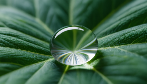 A magnified water droplet on a green leaf, highlighting hydration and natural purity with intricate details and reflections.