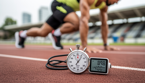 Person doing interval training on a track, with a stopwatch and heart rate monitor indicating precision in fitness.