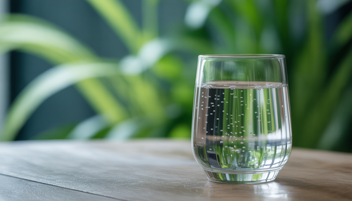 A glass of oxygenated water with bubbles on a wooden table, surrounded by green plants.